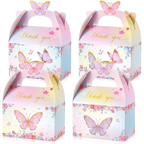Butterfly Party Favor Treat Boxes, Pink and Purple Butterfly Floral Goodie Gable Candy Box Paper Gift Box for Birthday Party Supplies Baby Shower Wedding Party 12