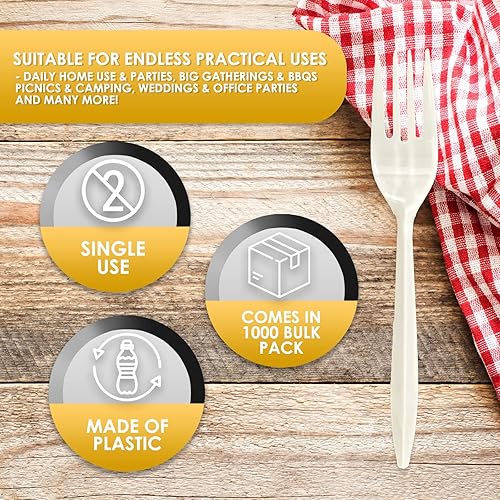 PAMI Medium Weight Disposable Plastic Forks [1000-Pack] - Bulk White Plastic Silverware For Parties, Weddings, Catering Food Stands, Takeaway Orders & More- Sturdy Single-Use Partyware Forks