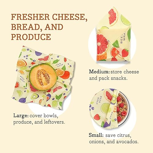 Bee's Wrap - Assorted 3 Pack - Made in USA with Certified Organic Cotton - Plastic and Silicone Free - Reusable Eco-Friendly Beeswax Food Wraps - 3 Sizes S,M,L