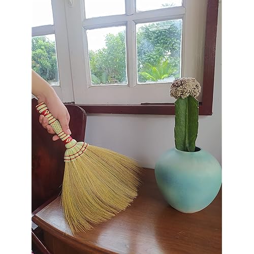 Whisk Broom, Handmade Broom, Brush Soft Mini with Solid Wood Handle Retro Nature No Static Electricity Sweeping Broom Sofa, Car, L 17Inch x Wide 13inch RED