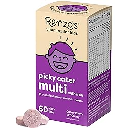 Renzo's Picky Eater Kids Multivitamin - Vegan Multivitamin for Kids with Iron, Vitamin C, and Zero Sugar, Dissolvable and Easy To Take Kids Vitamins, Cherry Flavored Childrens Vitamins [60 Melty Tabs]
