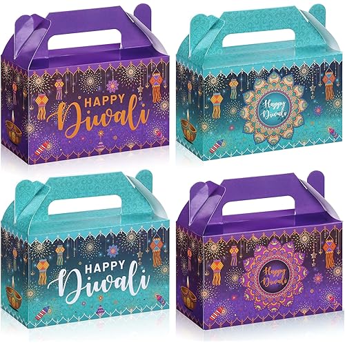 16 Pcs Happy Diwali Gable Boxes Diwali Party Favor Treat Boxes Rangoli Lantern Favor Packaging Box Indian Deepavali Candy Gift Box Goodie Box for Diwali Party Decorations Lights Festival, 4 Style
