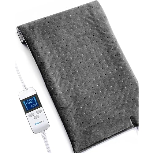 Boncare LCD Digital Control Extra Large Heating Pads for Back Pain Relief and Cramps with Auto Shut Off Fomentera de Calor Super Soft Moist Dry Heat 12” x 24” Light Gray
