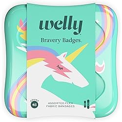 Welly Bandages | Adhesive Flexible Fabric Bravery Badges | Assorted Shapes for Minor Cuts, Scrapes, and Wounds | Colorful and Fun First Aid Tin | Unicorn Patterns - 48 Count