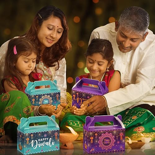 16 Pcs Happy Diwali Gable Boxes Diwali Party Favor Treat Boxes Rangoli Lantern Favor Packaging Box Indian Deepavali Candy Gift Box Goodie Box for Diwali Party Decorations Lights Festival, 4 Style