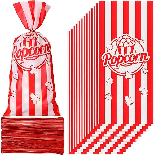 250 Pcs Popcorn Bags for Party, Popcorn Treat Bags Set, 100 Pcs Cellophane Candy Bags Red White Stripe Cookie Snacks Bags with 150 Red Twist Ties for Circus Carnival Birthday Party Favor Strip Style