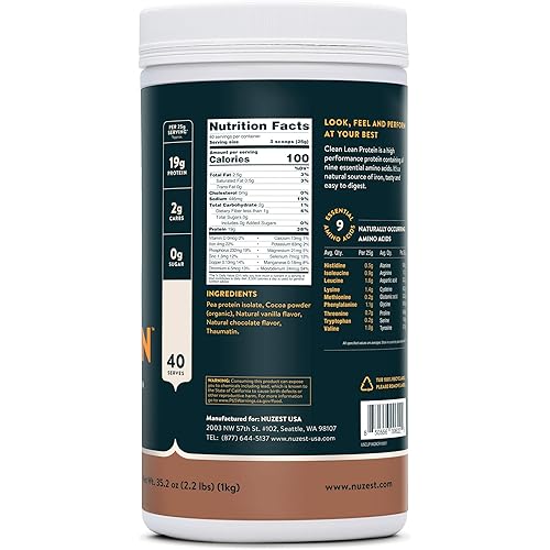 Rich Chocolate Clean Lean Protein by Nuzest - Premium Vegan Protein Powder, Plant Based Protein Powder, Dairy Free, Gluten Free, GMO Free, Naturally Sweetened, 40 Servings, 2.2 lb