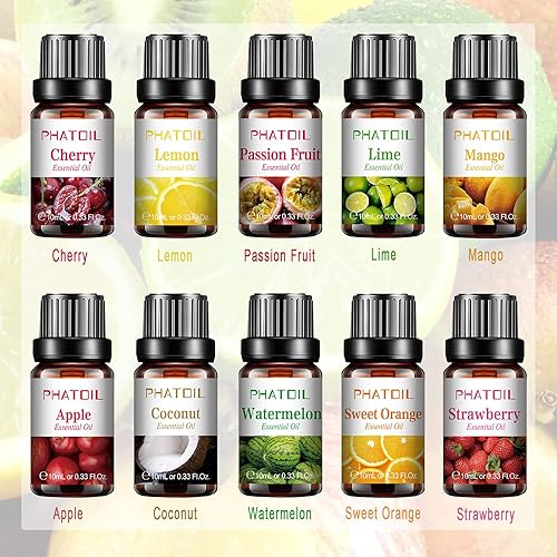 PHATOIL Top 10 Fruity Essential Oils with Nice Gift Box, 10ML Premium Quality Fragrance Oil for Diffuser DIY Soap Candle Making, Ideal for Home Office Car Use