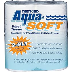 Aqua-Soft Toilet Tissue - Toilet Paper for RV and marine - 2-ply - Thetford 03300 Pack of 4 rolls , White