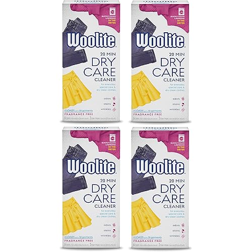 Woolite At-Home Dry Cleaner Dry Cleaning Cloths and Stain Removal, Easy to Use, Safe on Wool, Cashmere, and Designer Jeans, Fragrence Free - 24 Loads 120 Articles of Clothing, 6 Count Pack of 4