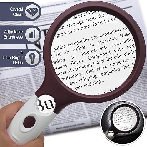 Extra Large 4X Magnifying Glass with 4 Ultra Bright LED Lights & 25X Zoom Lens, [Upgraded] Adjustable Brightness Level Illunimated Magnifier for Reading Small Prints, Aging Eyes Seniors & Hobbies