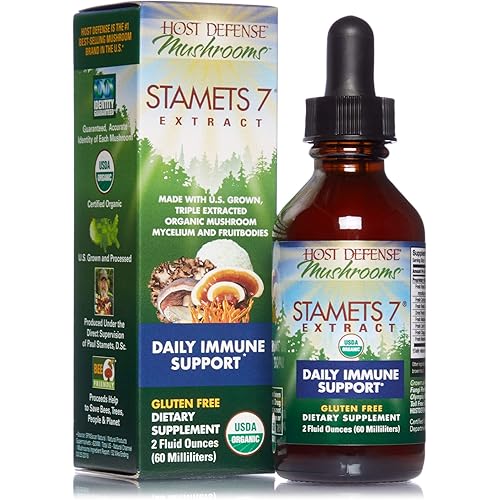 Host Defense, Stamets 7 Extract, Daily Immune Support, Mushroom Supplement with Lion’s Mane and Reishi, Plain, 2 fl oz