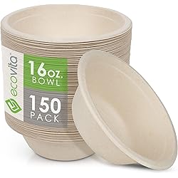 Ecovita 100% Compostable Paper Bowls [16 oz.] – 150 Disposable Bowls Eco Friendly Sturdy Tree Free Liquid and Heat Resistant Alternative to Plastic or Paper Bowls