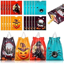 Crtiin 50 Pieces Halloween Drawstring Treats Bags Plastic Drawstring Candy Bags Trick or Treat Bags Plastic Snack Goody Bags for Halloween Party Favors Spider, Pumpkin, Wick, Bat
