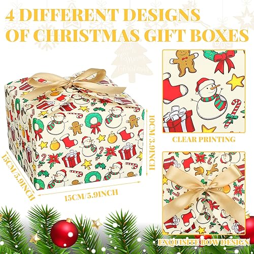 16 Pcs 3D Christmas Goody Gift Boxes for Present Xmas Goodie Boxes Holiday Small Gift Box Christmas Treat Box with Ribbons Bow Cardboard Gift Wrap Boxes for Christmas Winter Theme Party Favor