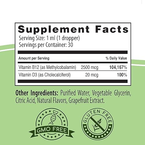 NaturalSlim Metab-12 – Sublingual Vitamin B12 2500 mcg Plus Vitamin D Drops | Energy Boosts & Nervous System Supplements | Gluten Free, Non GMO | Natural Berry Extract Flavor - 1 Fl Oz