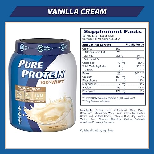 Whey Protein Powder by Pure Protein, Gluten Free, Vanilla Cream, 1.75 Lbs