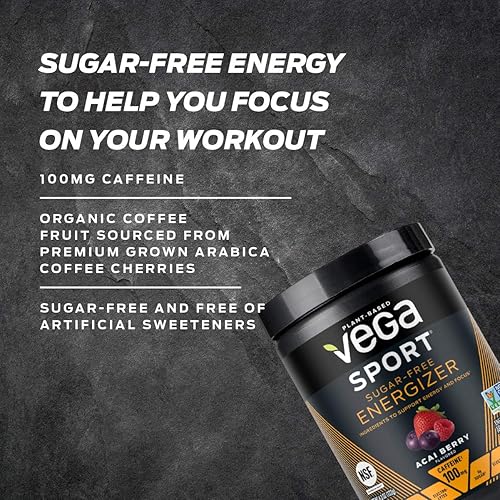 Vega Sport Sugar Free Energizer, Acai Berry, Pre Workout Powder for Women and Men, Supports Energy and Focus, Electrolytes, Vegan, Keto, Gluten Free, Dairy Free, Non GMO 35 Servings