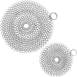 ONEEKK Cast Iron Skillet Cleaner Chainmail,2 Pack Premium Stainless Steel Chain Maille Scrubber for Cast Iron Pans,Stainless Steel,Glassware7IN &5IN Round