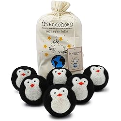 Friendsheep Wool Dryer Balls, Organic Fair Trade Reusable Fabric Softener, Extra Large, 6 Pack, Black Penguin - Cool Friends