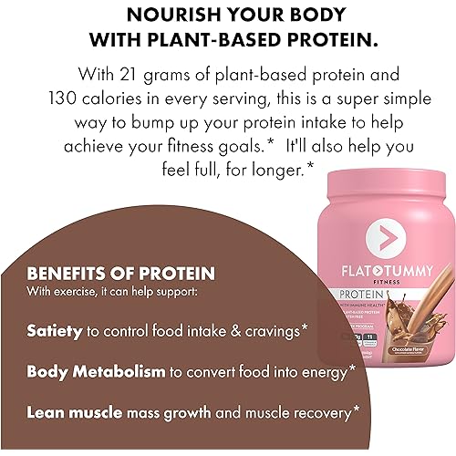 Flat Tummy Chocolate Protein for Women - Plant-Based Powder Supplement for Lean Muscle Growth, Muscle Recovery, Immunity Support - 21 Grams of Vegan, Gluten-Free, Dairy-Free, Soy-Free Protein