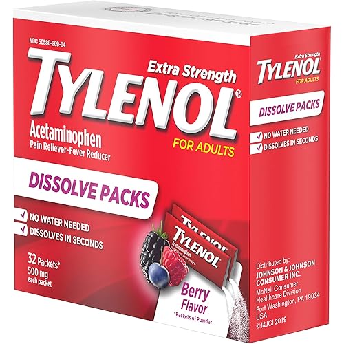 Tylenol Extra Strength Dissolve Packs with Acetaminophen for Pain & Fever, Berry, 32 Count Pack of 1