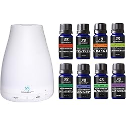 Aromatherapy Top 8 Essential Oil and Diffuser Gift Set - Peppermint, Tea Tree, Lavender & Eucalyptus - Auto Shut-Off and 7 Color LED Lights - Therapeutic Grade Oils by Radha Beauty