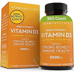 Vitamin D3 5000 IU 360 Softgels - High Potency Vitamin D Supplements, Small Easy to Swallow Softgels & No Taste, Made with Organic Coconut Oil for Enhanced Bioavailability