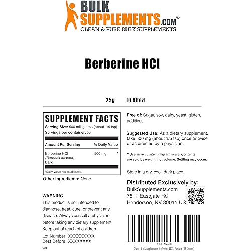 BulkSupplements.com Berberine HCl Powder - HCl Supplement - Berberine 500mg Supplement - Berberine Supplements - Berberine HCl 500mg Powder 25 Grams - 0.88 Oz