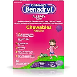 Children's Benadryl Allergy Chewables with Diphenhydramine HCl, Antihistamine Chewable Tablets for Relief of Allergy Symptoms Like Sneezing, Itchy Eyes, More, Grape Flavor