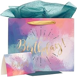 Happy Birthday Women's Large Gift Bag Set wCard & Tissue Paper Blue Pink Purple Watercolor Design for Her Birthday Inspirational Gift Wrap Bag by With Love, Landscape 10" x 12.5" x 3.9&#34