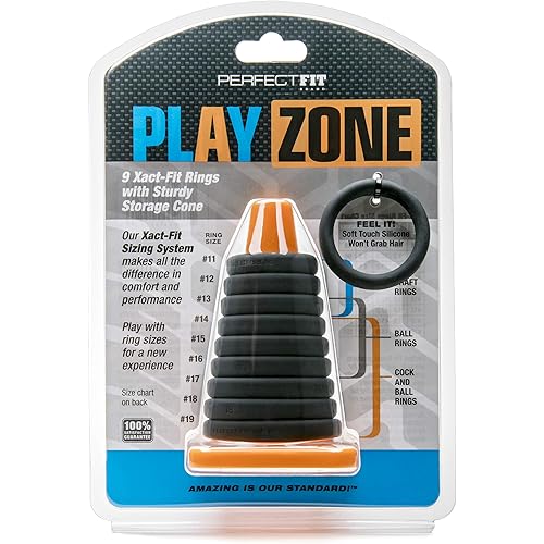 PerfectFit Brand Xact-Fit Play Zone Cock Ring Kit, Stackable, Silicone, Multiple Sizes, Firm Fit, Durable, Set of 9 Rings with Sturdy Storage Cone