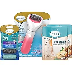 Amope Pedi Perfect Spa Experience Pampering Pack containing an electronic foot file, 2 pairs of macadamia oil foot masks and 2 refills Packaging May Vary