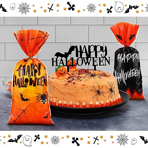 100 Pcs Halloween Cellophane Bags Halloween Party Favors Bags Halloween Plastic Treat Bags Trick or Treat Goodie Candy Bags with Ties Halloween Party Decoration Gifts Supplies, 5 Designs