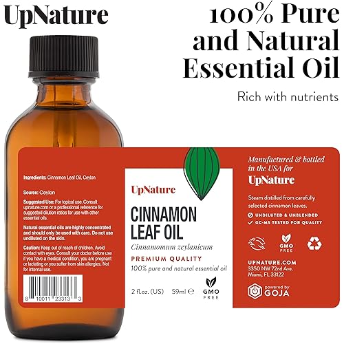 UpNature Cinnamon Essential Oil - 100% Natural & Pure , Undiluted, Premium Quality Aromatherapy Oil- Cinnamon Leaf Essential Oil Natural Pain Relief, Relieves Muscle Aches, Nausea & Boost Mood, 2oz