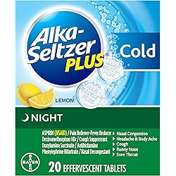 Alka-Seltzer Plus Night Cold Medicine, Lemon Effervescent Tablets with Pain RelieverFever Reducer, Lemon, 20 Count