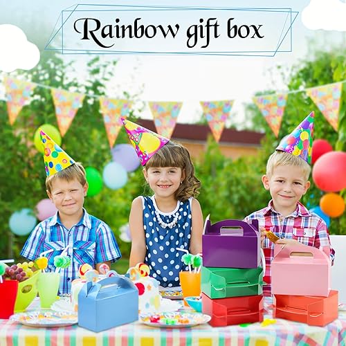 96 Pcs Rainbow Party Favor Boxes Rainbow Party Treat Box Bright Colors Cardboard Gift Boxes with Handle Colorful Candy Goodie Boxes for Kids Birthday Wedding Baby Shower Easter Party Decoration