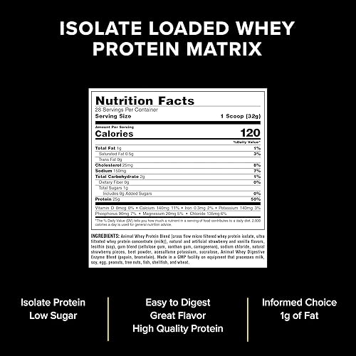 Animal Whey Isolate Whey Protein Powder – Isolate Loaded for Post Workout and Recovery – Low Sugar with Highly Digestible Whey Isolate Protein - Strawberry - 2 Pounds, AM48