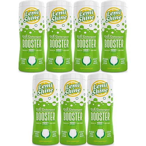 Lemi Shine 12 Oz Dishwasher Detergent Booster Removes the Toughest Hard Water Stains on Dishes & Glassware Safe, Natural, Powerfully Effective, Count of 7
