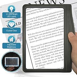 3X Large Ultra Bright LED Page Magnifier with 12 Anti-Glare Dimmable LEDs Provide More Evenly Lit Viewing Area & Relieve Eye Strain-Ideal for Reading Small Prints & Low Vision