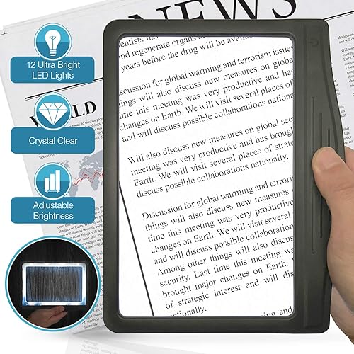 3X Large Ultra Bright LED Page Magnifier with 12 Anti-Glare Dimmable LEDs Provide More Evenly Lit Viewing Area & Relieve Eye Strain-Ideal for Reading Small Prints & Low Vision