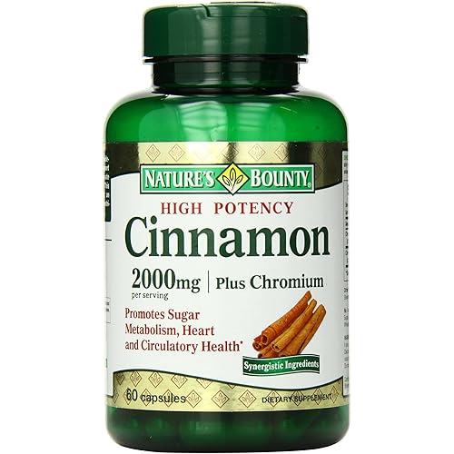 Nature's Bounty Cinnamon Pills and Chromium Herbal Health Supplement, Promotes Sugar Metabolism and Heart Health, 2000g, 60 Capsules