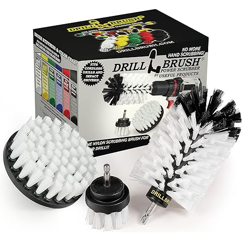 Drill Brush Power Scrubber by Useful Products – Drillbrush White 3 Piece Automotive Cleaning kit - Upholstery Cleaner Scrub Brush - Car Cleaning Kit - Furniture Cleaner Brush Drill Attachment Set
