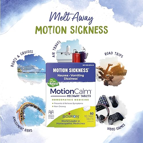 Boiron MotionCalm Relief for Nausea, Vomiting, or Dizziness associated with Motion Sickness Due to Travel, Amusement Rides, and Video Games or VR - Non-Drowsy - 60 Count