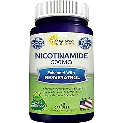 Nicotinamide with Resveratrol - 120 Veggie Capsules - Vitamin B3 500mg Niacinamide Flush Free - Supplement Pills to Support NAD, Skin Cell Health & Energy