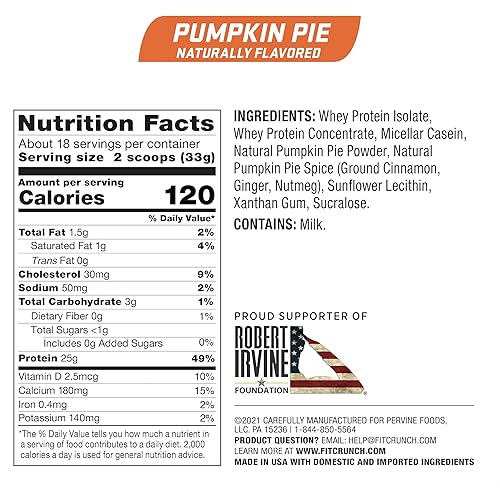 FITCRUNCH Tri-Blend Whey Protein, Keto Friendly, Low Calories, High Protein, Gluten Free, Soy Free 18 Servings, Pumpkin Pie