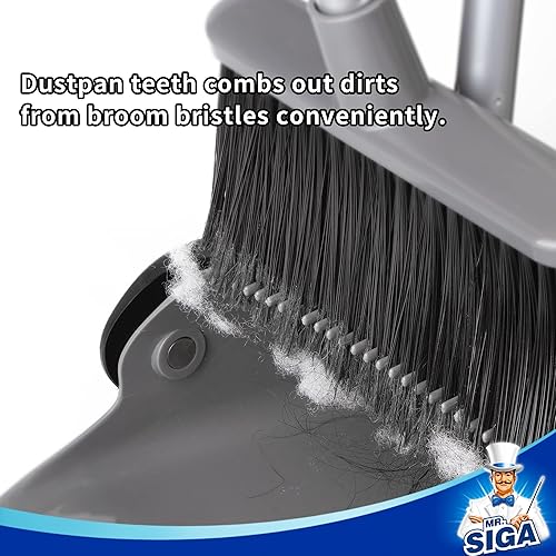 MR.SIGA Broom and Dustpan Set with Long Handle, Upright Broom and Dustpan Combo for Floor Cleaning, Lobby Broom with Adjustable Handle, Gray