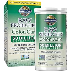 Garden of Life RAW Probiotics Colon Care Shelf Stable - 50 Billion CFU Through Expiration - Once Daily - Certified Non-GMO & Gluten Free - No Refrigeration, 30 Vegetarian Capsules