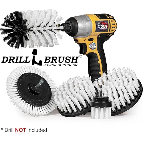 Drill Brush Power Scrubber by Useful Products - Drillbrush Automotive Edge Brush Kit with Extended Long Original Attachment- Long Original Drill Brush Set White - Carpet Cleaner Drill Brush Set