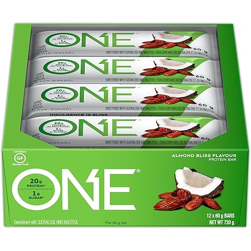 ONE Protein Bars, Gluten Free Protein Bars with 20g Protein and only 1g Sugar, Guilt-Free Snacking for High Protein Diets, Almond Bliss, 2.12 oz 12 Pack